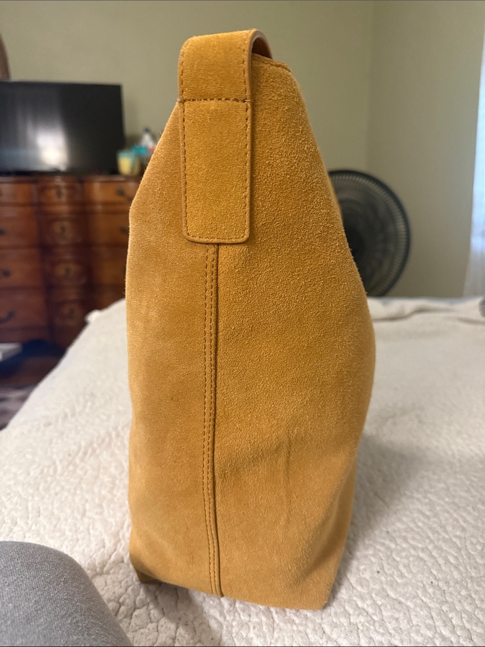 margot Suede Bucket Shoulder Bag in Mustard Yellow - Picture 4 of 10